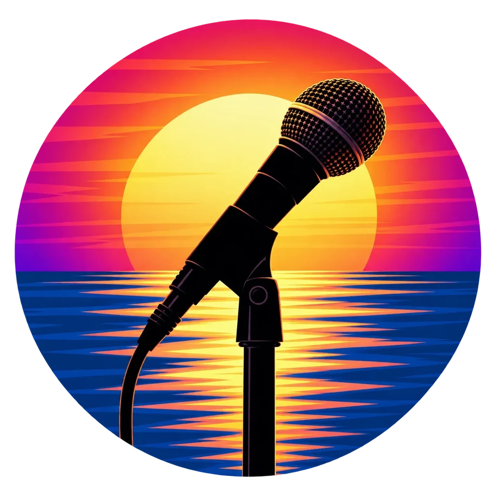 Staycation Sound logo mark: a microphone silhouetted against a sunset